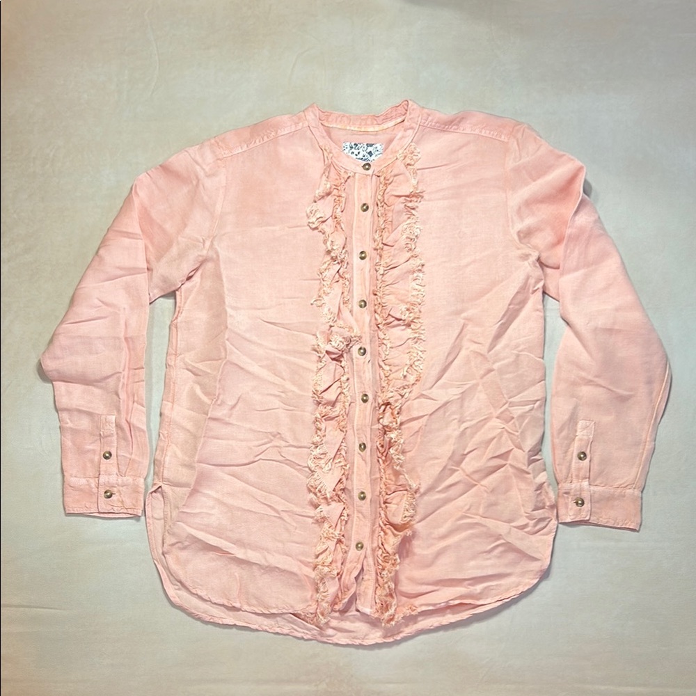 PILCRO Anthropologie Peach Button Linen Blend Ruffle Front Blouse